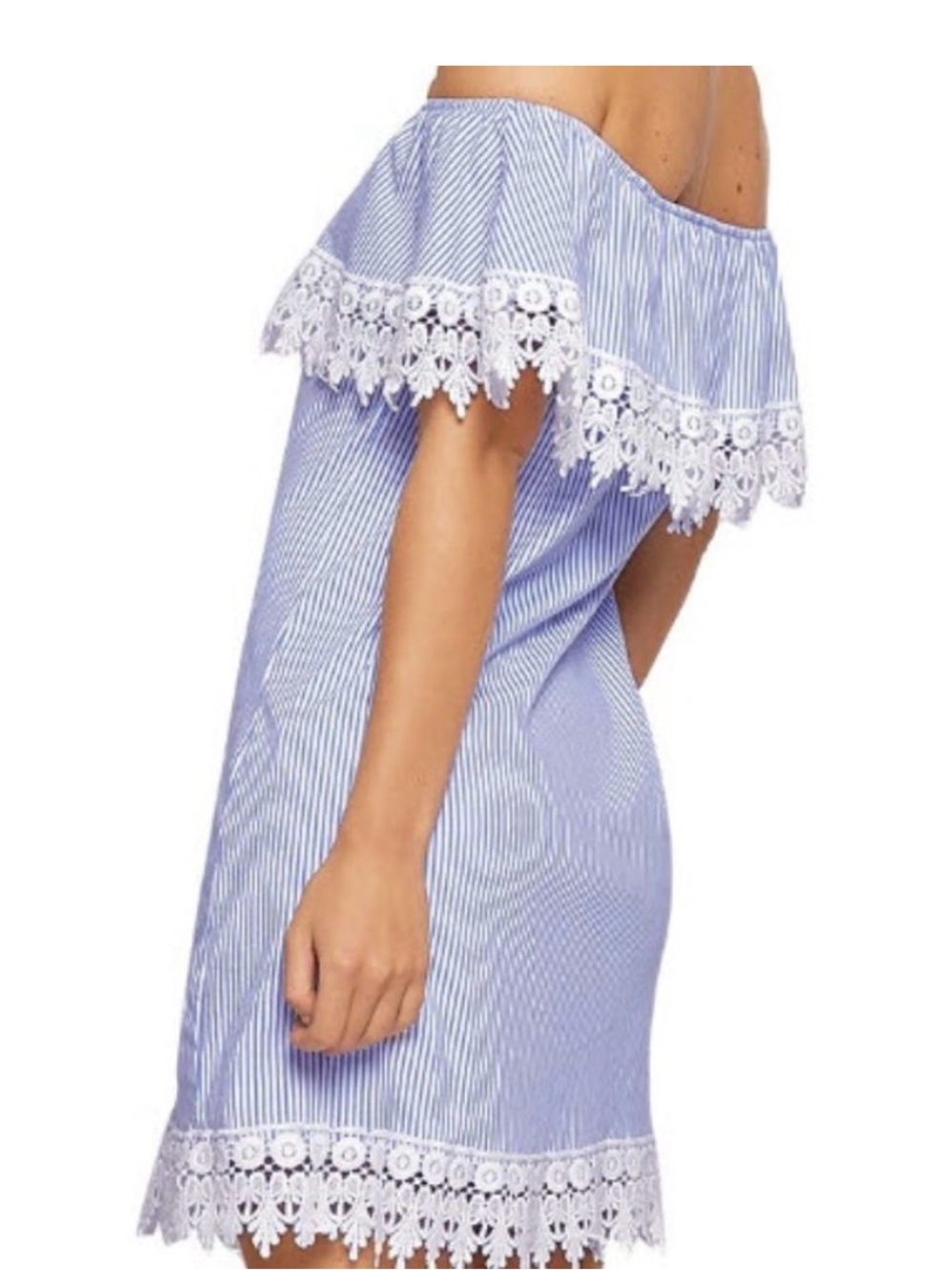 Blue & White Striped Off-Shoulder Mini Dress Size M – Lace Trim - Picture 2 of 5